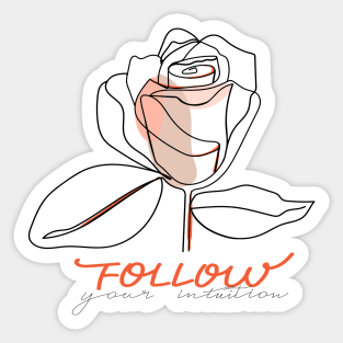 Abstract one line rose flower with pastel shapes and lettering. Fashion typography slogan design " Follow your intuition ". Continuous line print. Sticker